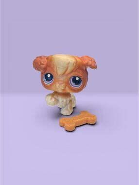 Littlest Pet Shop Brown and White Poodle #37 Dog LPS With Bone Accessory